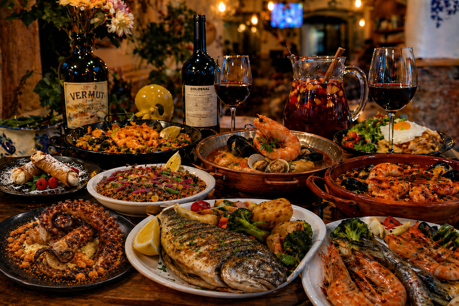 Mesa de grupo com pratos tradicionais portugueses